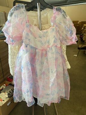 Sheer Pastel Floral Puff Sleeve Mini Dress size M